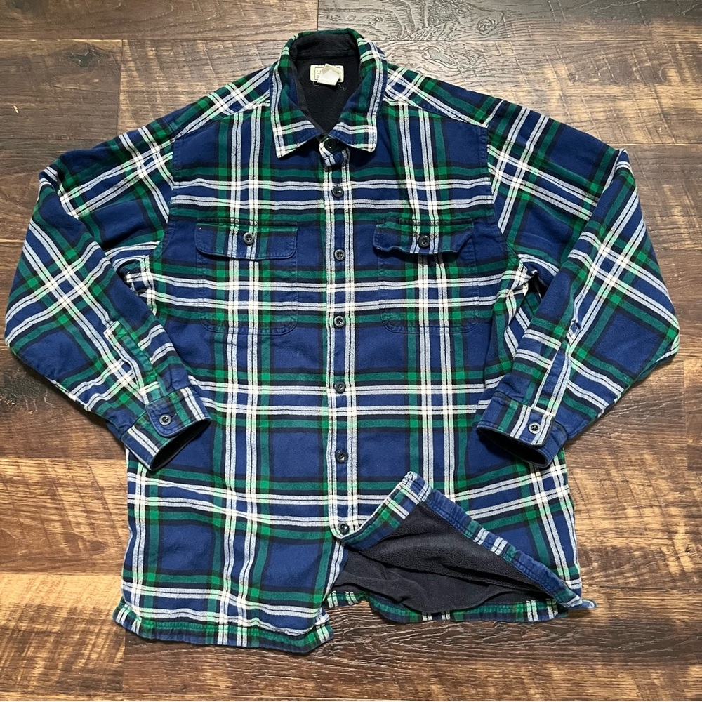 LL Bean 250393 blue green fleece sherpa lined flannel shirt Shacket large